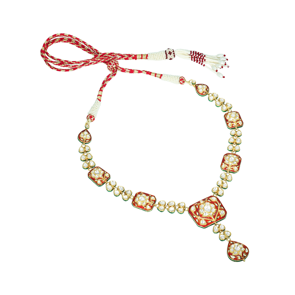 Polki Necklace with Red Enamel and Drop Pendant